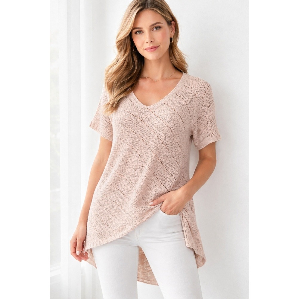 Jones New‎ York Signature Knit Top S Blush Pink Pointelle V-Neck High-Low Hem